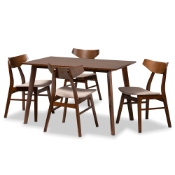 Baxton Studio Lois Mid-Century Modern Transitional Light Beige Fabric Upholstered and Walnut Brown Finished Wood 5-Piece Dining Set